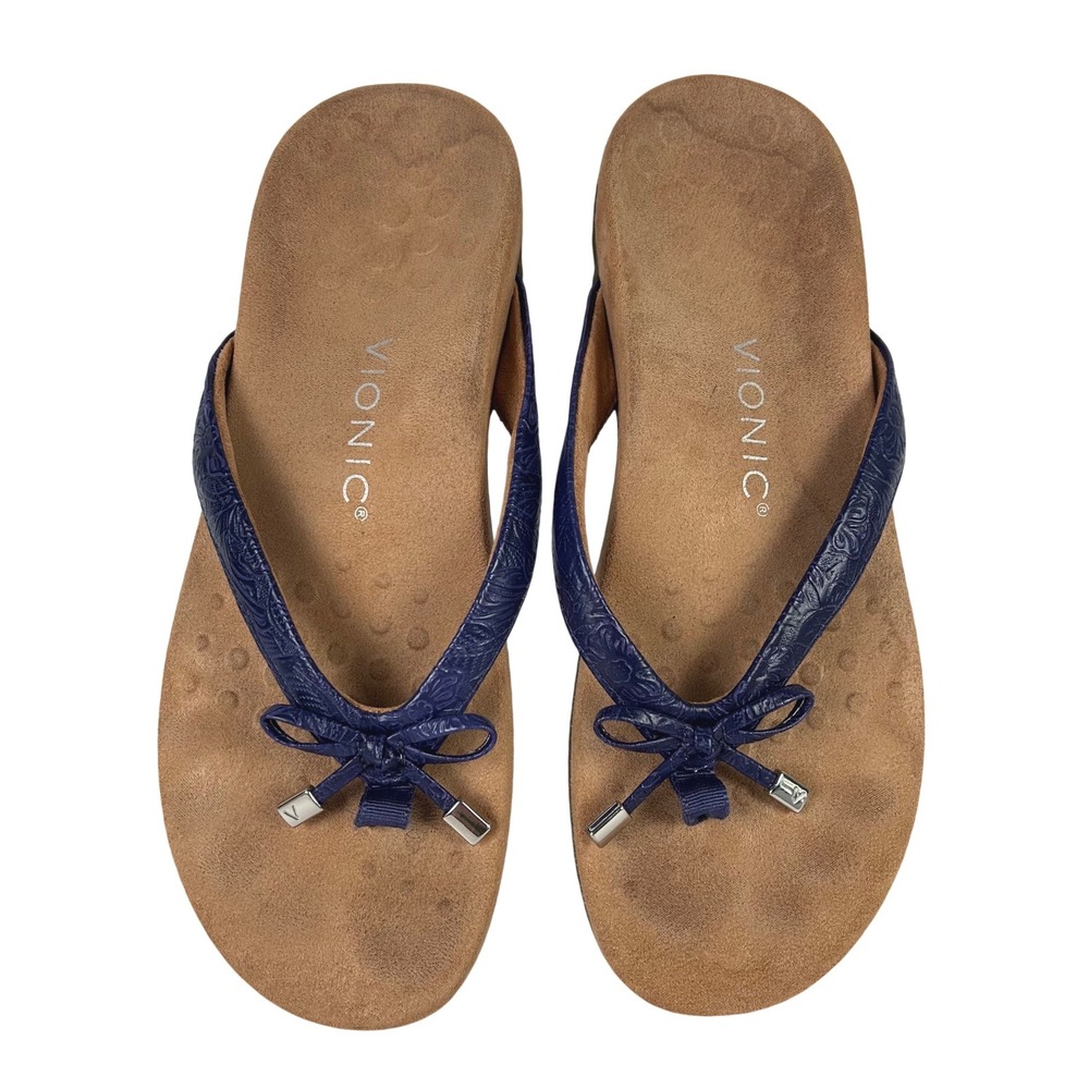 Vionic Bella II Navy Blue Floral Embossed Orthotic Thong Sandals Womens 8